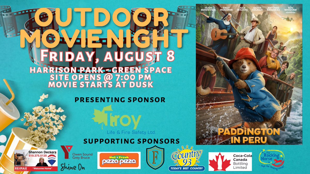 Join us at Outdoor Movie Night on Friday,  August 8 for Paddington in Peru playing in the green space at Harrison Park. Bring a lawn chair, a blanket, bug spray and your bestie! – it's time for a magical night under the stars! Admission is FREE and everyone is welcome!