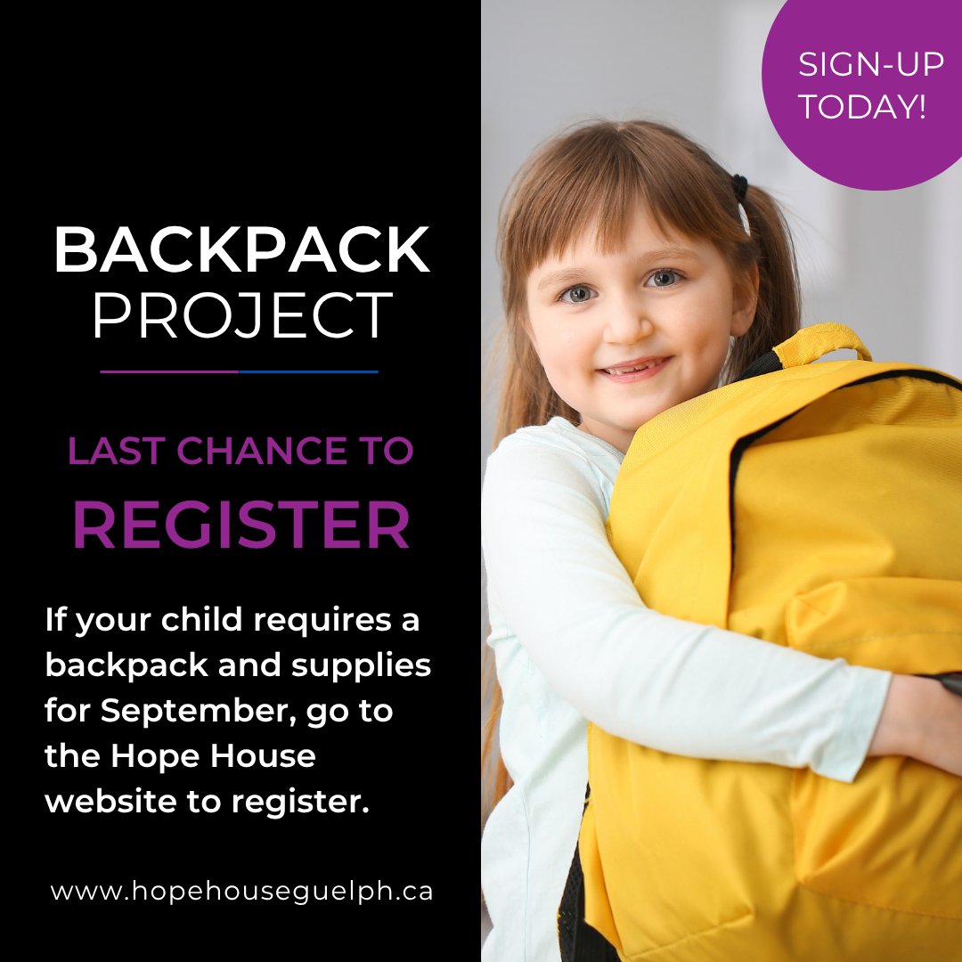 HopeHouseGuelph's tweet image. Last chance to register for The Backpack Project!
Deadline: July 31
Free, fully stocked backpacks for kids K–Gr.12
Register: hopehouseguelph.ca/backpackproject

Let’s set students up for success , together!

#TheBackpackProject #BackToSchool #HopeHouseGuelph #LastChance