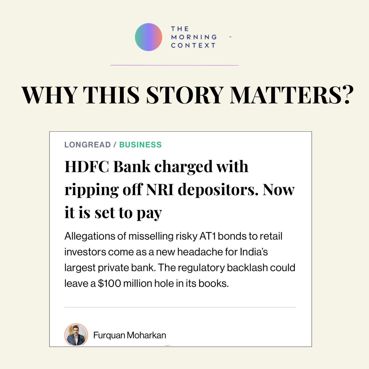 MorningContext's tweet image. HDFC Bank is facing serious questions about how it sold high-risk bonds to NRI customers, and how it handled their money. The regulatory backlash could leave a $100 million hole in its books.
Full story: themorningcontext.com/business/hdfc-…