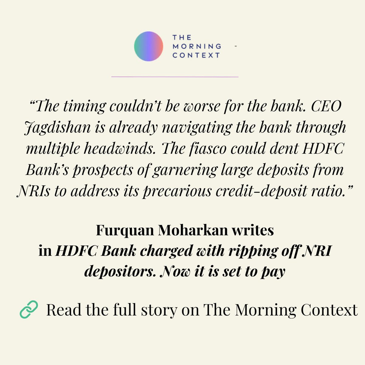 MorningContext's tweet image. HDFC Bank is facing serious questions about how it sold high-risk bonds to NRI customers, and how it handled their money. The regulatory backlash could leave a $100 million hole in its books.
Full story: themorningcontext.com/business/hdfc-…