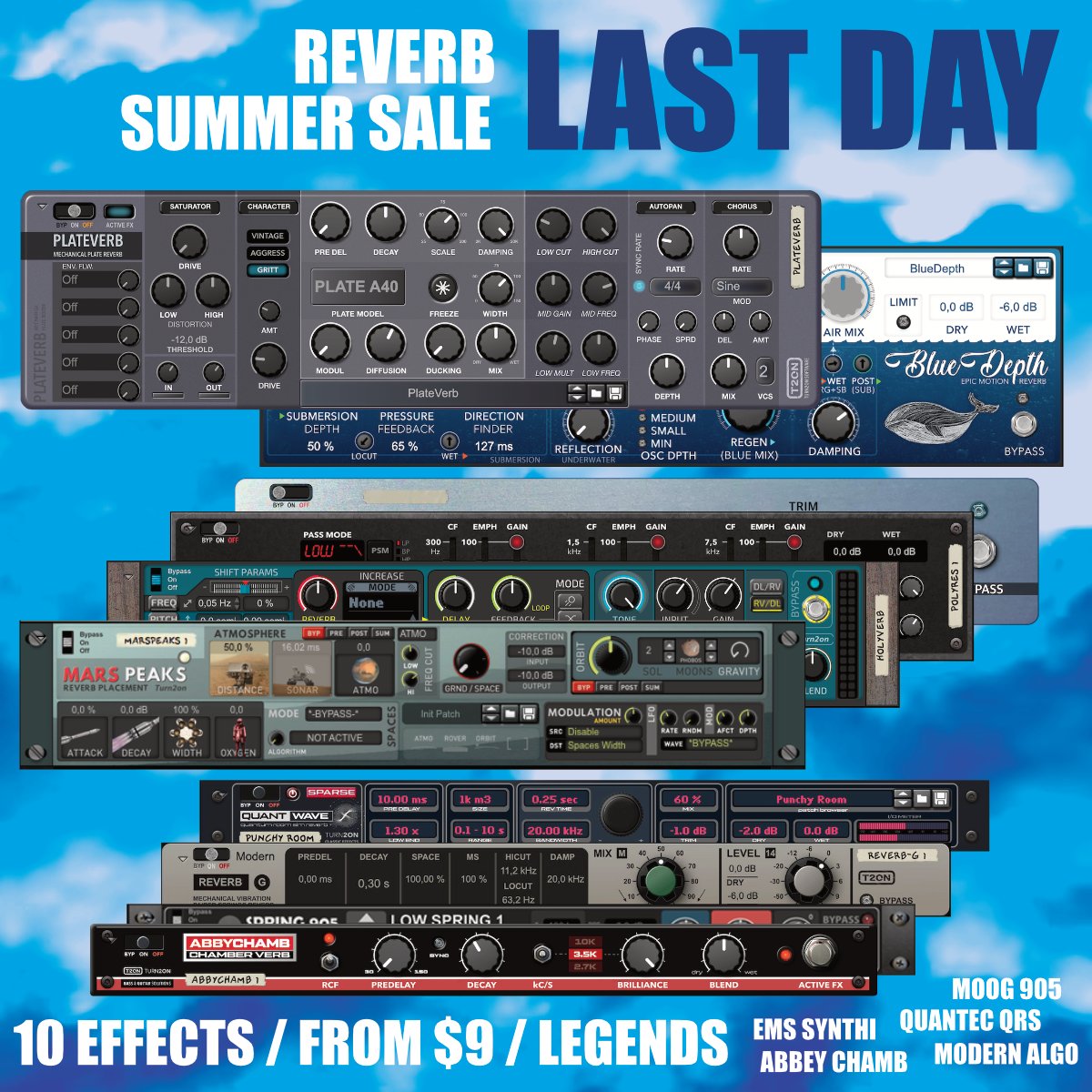 Turn2on's tweet image. Reverb Summer Sale ends in FEW HOURS!
Reverbs legends from 9 USD! Inspired by EMS SYNTHI, MOOG 905 Reverb module, Quantec QRS & more, plus modern reverb algorithms Reverb power for your Reason rack! reasonstudios.com/shop/deals/?de…
#reason #effects #reasonstudios #turn2on #rackextension