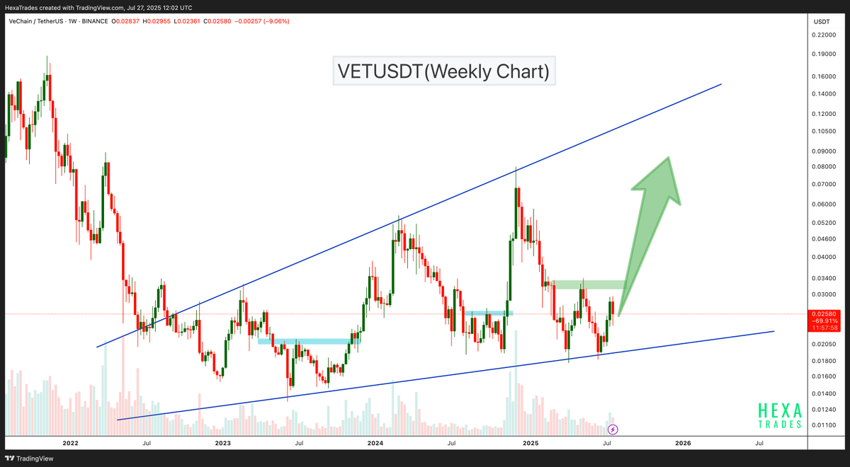HexaTrades's tweet image. $VET price is trading at the broadening wedge support trendline, and we could see a bounce from the current level.
#vetusdt