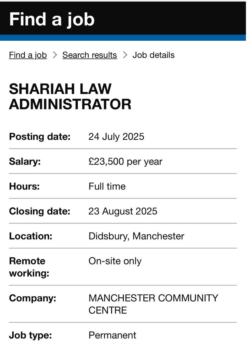 🚨BRITISH GOVERNMENT ADVERTISES JOB FOR SHARIAH LAW ADMINISTRATOR

The role is for the Department of Work and Pensions

There should be only ONE LAW in the UK and that is BRITISH LAW

Why does our Government pander to Islam?