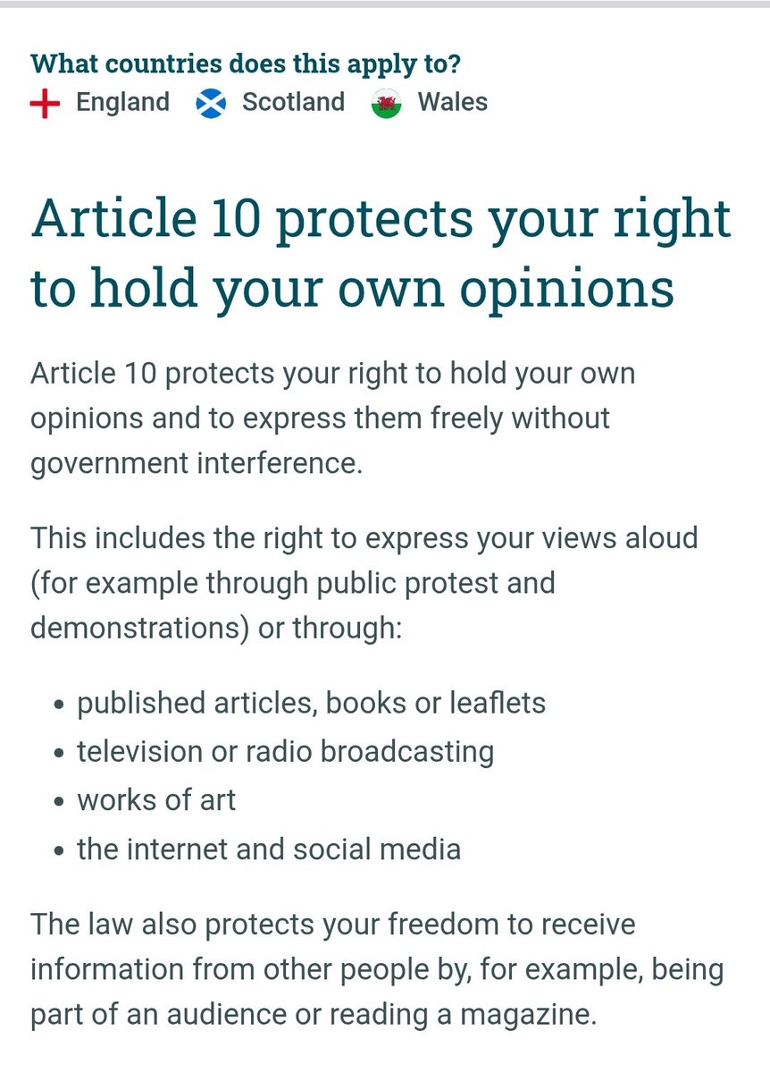 🟥 KNOW YOUR RIGHTS - ARTICLE 10

Before the plod come knocking over your X posts - remember this:

🔴 Article 10 of the Human Rights Act (1998) protects your right to hold and express your opinions
🔴 This applies across England, Scotland and Wales
🔴 Speech on social media,