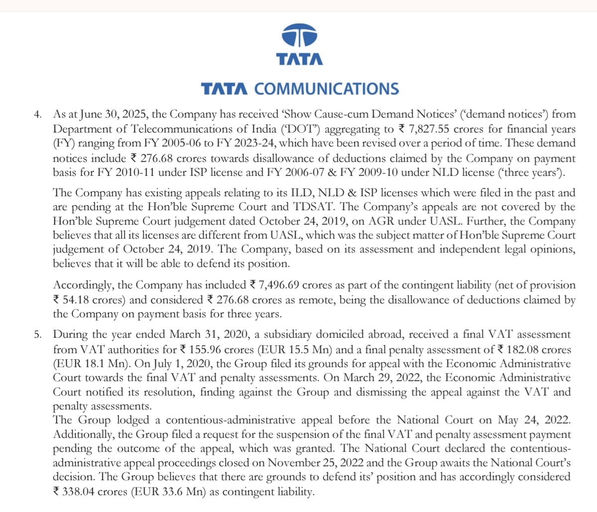 aseemmanchanda's tweet image. Tata Communications received ‘Show Cause-cum Demand Notices’ (‘demand notices’) from Department of Telecommunications of India (‘DOT’) aggregating to ₹ 7,827.55 crores for financial years 
(FY) ranging from FY 2005-06 to FY 2023-24, which have been revised over a period of time.