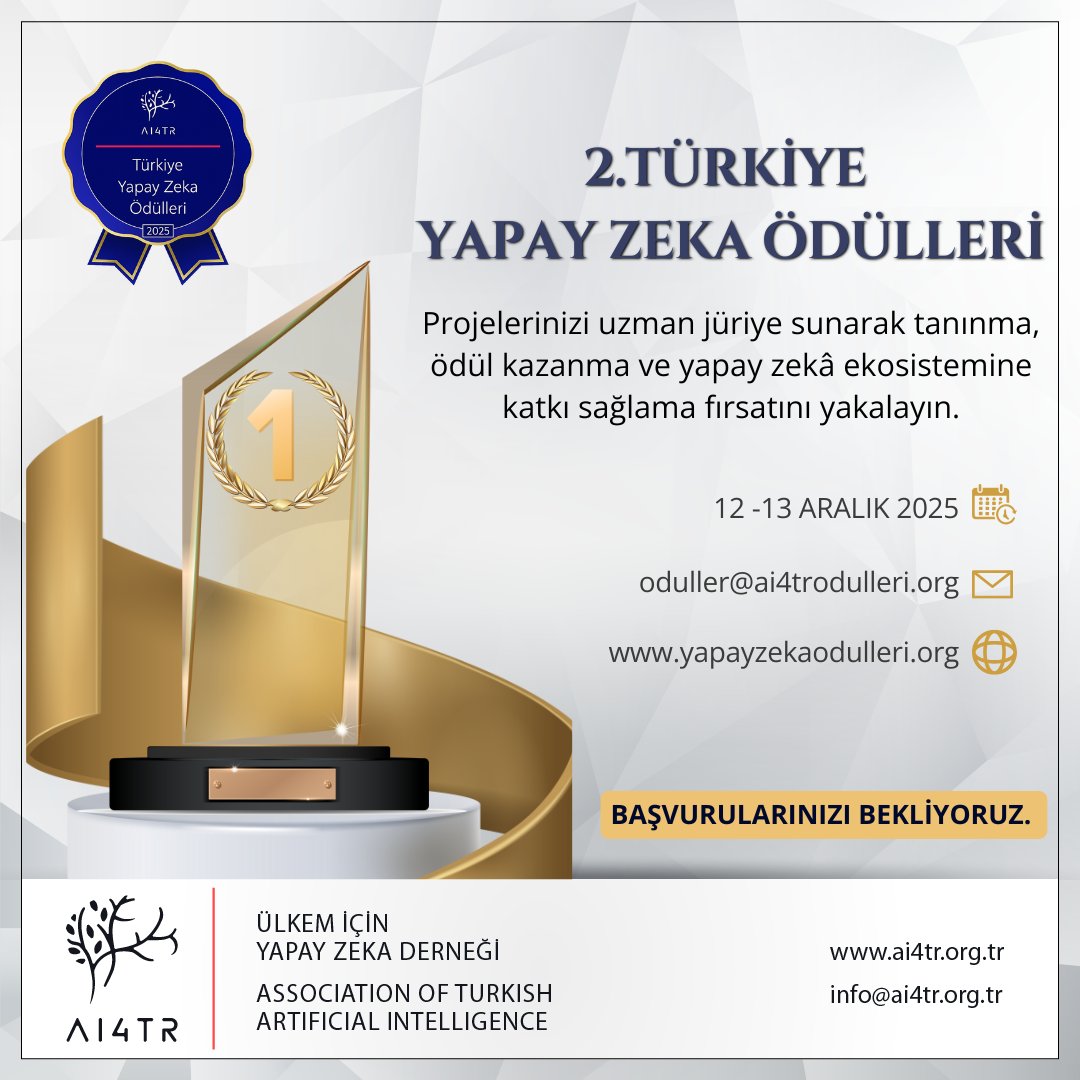 ulkemicinyz's tweet photo. ✨ AI4TR 2. Türkiye Yapay Zekâ Ödülleri 

💐 Ülkemizin yapay zekâ yolculuğunda birlikte çalışalım, geleceği birlikte inşa edelim!

📩 Başvurularınızı bekliyoruz!

📅 12–13 Aralık 2025
🌐 https://t.co/U7KA7PnHty
📧 oduller@ai4trodulleri.org

#AI4TR #AIAwards2025 #12ARALIK https://t.co/Rd4jpz4Isn