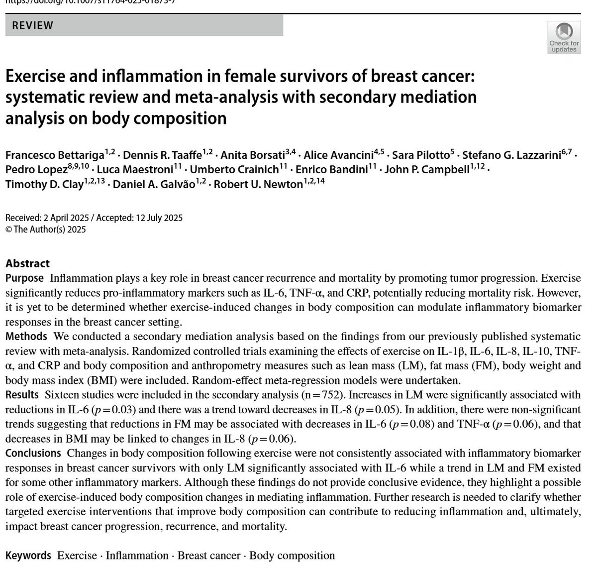 ProfRobNewton's tweet image. Just published by our team at the @EMRI_ECU  at @EdithCowanUni and led by @FBettariga. 

Changes in body composition following exercise were not consistently associated with inflammatory biomarker responses in breast cancer survivors with only LM significantly associated with…