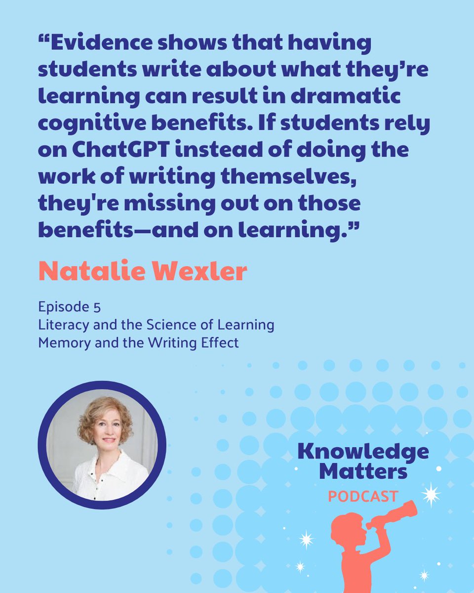 Knowledge Matters Campaign (@knowledgematrs) on Twitter photo Episode 5 Of the #KnowledgeMatters podcast begins addressing the AI elephant in the room.🐘
<a href="/natwexler/">Natalie Wexler</a> discusses the cognitive benefits of writing about learning and what we need to do to ensure students get that instruction! 📝
Listen here: 🔗tinyurl.com/ynnhd8jd Episode 5 Of the #KnowledgeMatters podcast begins addressing the AI elephant in the room.🐘
<a href="/natwexler/">Natalie Wexler</a> discusses the cognitive benefits of writing about learning and what we need to do to ensure students get that instruction! 📝
Listen here: 🔗tinyurl.com/ynnhd8jd