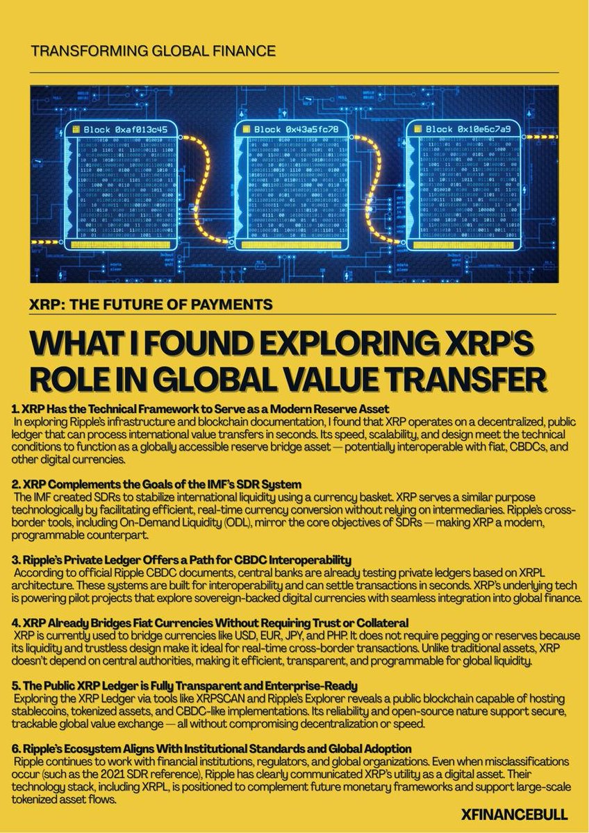 What I found digging into $XRP blew my mind 🤯

It’s not just a bridge, it’s designed like a modern reserve asset, interoperable with CBDCs, and aligned with IMF liquidity goals. 

Rails for global value transfer are already here

How early do you think we really are? 👇👇👇