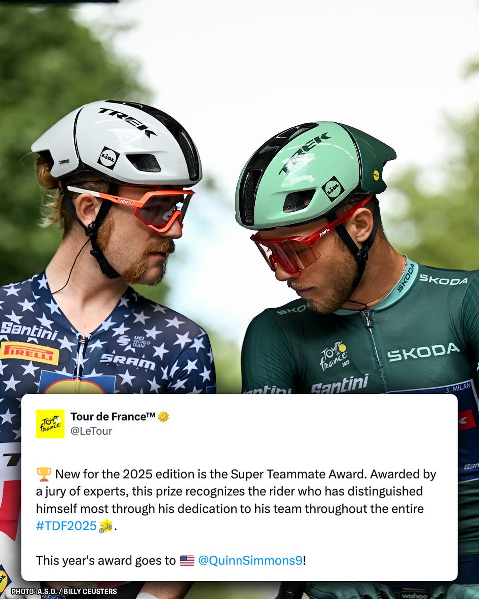 NBCSCycling's tweet image. Quinn Simmons earns the 2025 Tour de France Super Teammate Award. 🇺🇸🏆 #TDF2025 @QuinnSimmons9