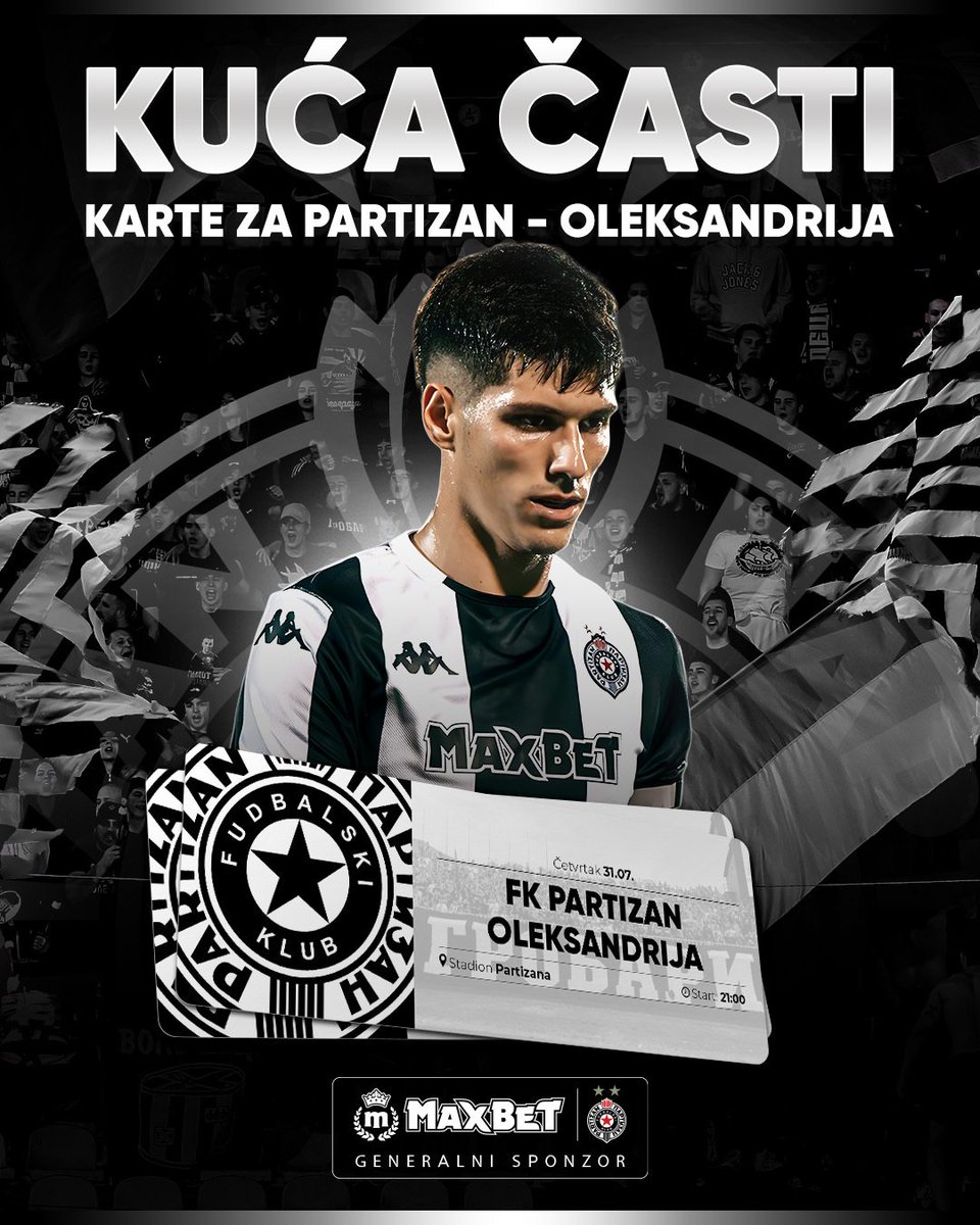 Napunimo hram fudbala! 🏁

Kompanija MaxBet kao generalni sponzor FK Partizana poklanja 20 karata za utakmicu protiv Oleksandrije. ⚫ ⚪ 

Sve što je potrebno da bi osvojio 10x2 karte:

• Pratiš <a href="/MaxBetSrbija/">MaxBet 🇷🇸</a> 
• Retvituješ objavu 
• Možeš učestvovati samo ako si punoletan.

U