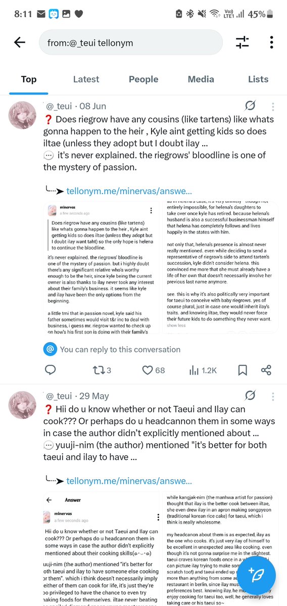 _teui's tweet image. i noticed many went as far as registering on tellonym to read my answers and interacting, which is very sweet. thank you!
you can also simply search &lt;from:@_teui tellonym&gt; on my profile since i always included screenshots of my lengthy responses for everyone to see! like this :