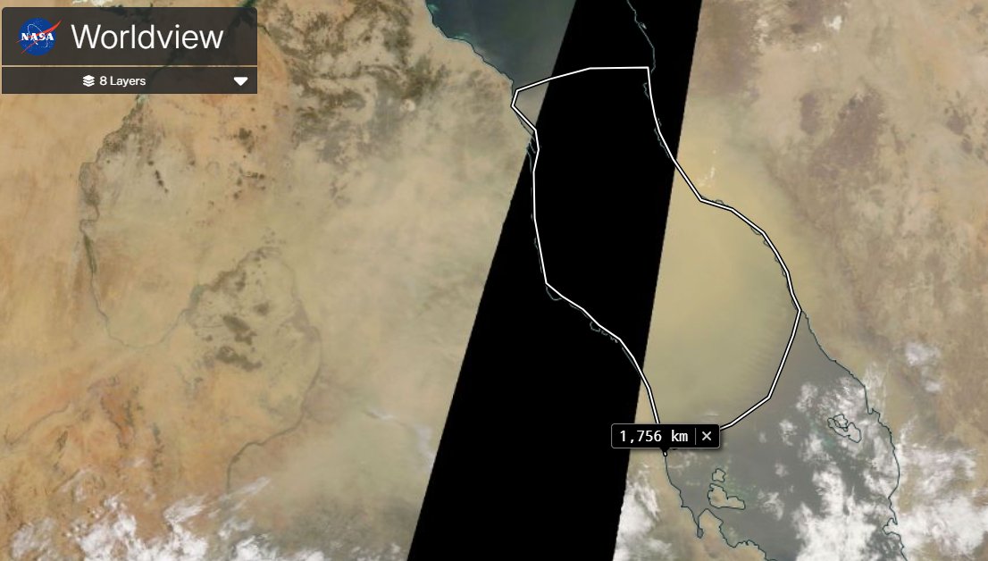 WED_explorer's tweet image. "Red Sea Wiped Out: First Major Dust Surge of the Summer"

A major #DustStorm from Sudan swept across the Red Sea, obscuring 1,750+ km of ocean. Likely the first big event of the season — a strong haboob pushing into marine air. A sharp reminder of Saharan summer dynamics.