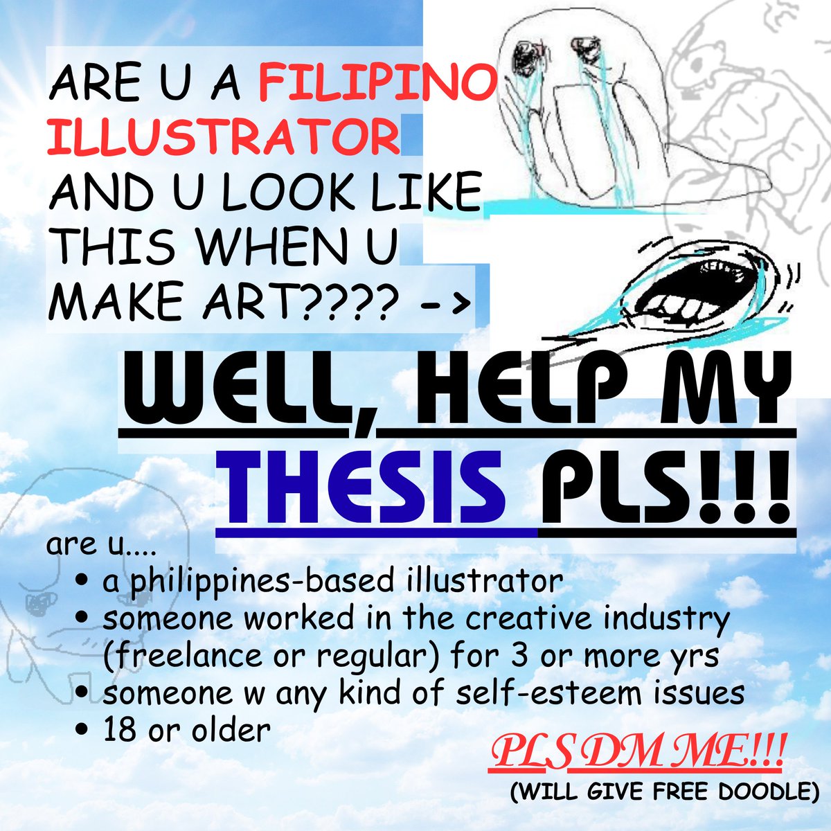 apple_kitkats's tweet photo. hi hello !!!

for my thesis, i want to study the relations of the creative industry and artists' self-esteem when it comes to personal art :} i would just need some help from local artists who can help me study the phenomenon better!!!

pls dm me if u fit the description <3 https://t.co/BlDDGBMwQ2