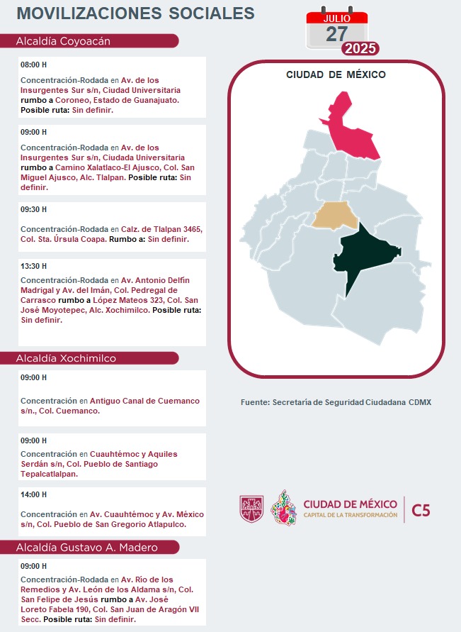 C5_CDMX's tweet image. ⚠🗓 #ENTÉRATE | Para hoy, 27 de julio 2025, estas son las movilizaciones sociales previstas en la Ciudad de México.
#C5ConConfianza #MovilidadCDMX #C5OjosDeLaCDMX 👀 #C5CorazónDeLaCDMX