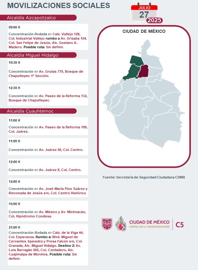 C5_CDMX's tweet image. ⚠🗓 #ENTÉRATE | Para hoy, 27 de julio 2025, estas son las movilizaciones sociales previstas en la Ciudad de México.
#C5ConConfianza #MovilidadCDMX #C5OjosDeLaCDMX 👀 #C5CorazónDeLaCDMX