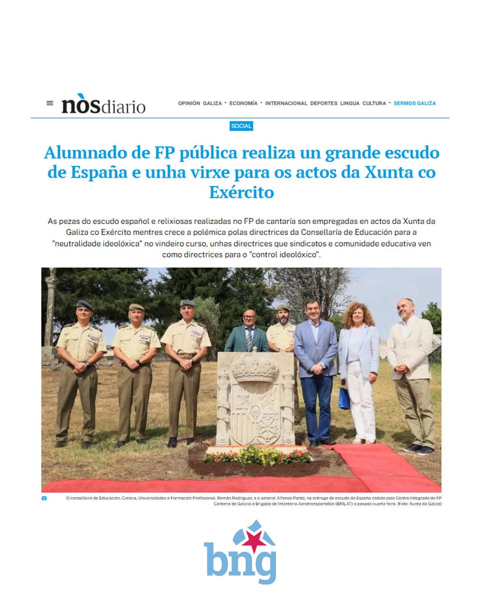 🎯 Neutralidade ideolóxica?

Mentres censuran faixas pola sanidade pública ou impiden actos de apoio ao pobo palestino nos centros educativos, o goberno da Xunta entrega escudos de España e Virxes esculpidas por alumnado da FP pública… ao Exército.

📚 Nin a escola é neutra, nin