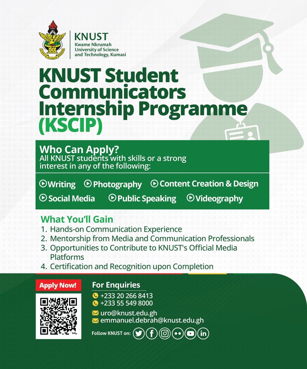 KNUSTGH's tweet image. KNUST Student Communicators Internship Programme (KSCIP) is open!
Got a flair for writing, photos, video, public speaking or socials? Join the UR team for hands-on media work, mentorship & a cert!
No expertise needed, just passion.
Apply here docs.google.com/forms/d/e/1FAI…
