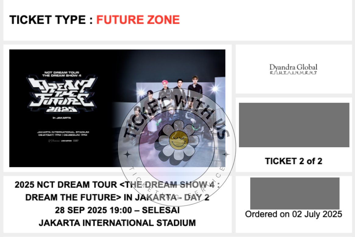 ticketwithus's tweet photo. WTS NCT DREAM JAKARTA The Dream Show 4: DREAM THE FUTURE 2025
DAY 2 

⭕️ Weverse presale
FUTURE ZONE - 2 tix

✔️Diurus sampai tiket fisik
✔️Dp / cicil 
📩 Dm for more info

t. wtt wtb ticket konser nctzen tds4 day2 tiket jkt https://t.co/lgEUQSNIri
