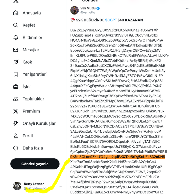 bettyylawson's tweet photo. @vemutlu Hocam sizi eleştirisi yanlış.  😀Yalınız benim sorunuma da çare  olursanız sevinirim. 
"9z3m3GLon9Zk47Q4gau2qdPz3ZDeBrDgScUZL832cKN8"    bu  adresime ulaşamıyorum.  Acaba ödülümü farklı bir adrese almam  mümkün olur mu? yeni  adresim: EkMzed7h6diGLfSU6wd4YRXUTaQbcuP8evNmtmj88M8z https://t.co/ESk8RdGGUN