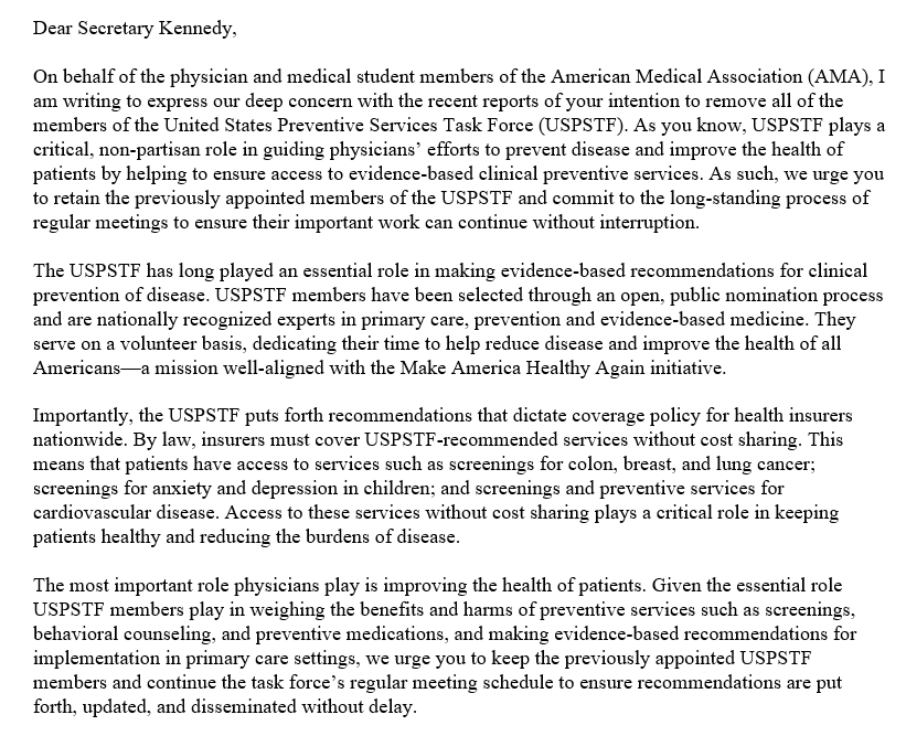 AMA implores HHS Sec RFK to keep Preventive Services Task Force: “USPSTF plays a critical, non-partisan role in guiding physicians’ efforts to prevent disease.. we urge you to retain the previously appointed members.. and commit to the long-standing process of regular meetings."