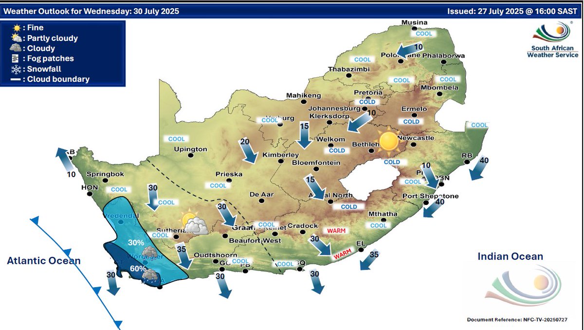 SAWeatherServic's tweet image. Weather outlook for Tuesday & Wednesday, 29 - 30 July 2025.
Partly cloudy conditions are expected over the central & western parts of the country, with isolated to scattered showers & thundershowers. Otherwise, fine & cold to cool, but it will be warm in places in the south.