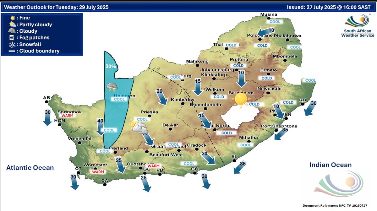 SAWeatherServic's tweet image. Weather outlook for Tuesday & Wednesday, 29 - 30 July 2025.
Partly cloudy conditions are expected over the central & western parts of the country, with isolated to scattered showers & thundershowers. Otherwise, fine & cold to cool, but it will be warm in places in the south.
