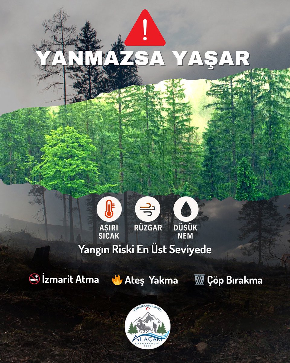 ⚠️ Yangın Riski En Üst Seviyede

🚭 Sigara izmariti,  
🔥 Piknik ateşi,  
🗑️ Dökülen çöp

Her biri bir ormanı yok edebilir.  
Unutmayalım: Bir kıvılcım, bir ömrü alır!

🌲 Ormanlarımızı korumak hepimizin görevi.

📞 112’yi ara, yeşili yaşat.  

#Alaçam #YeşilVatan #YanmazsaYaşar