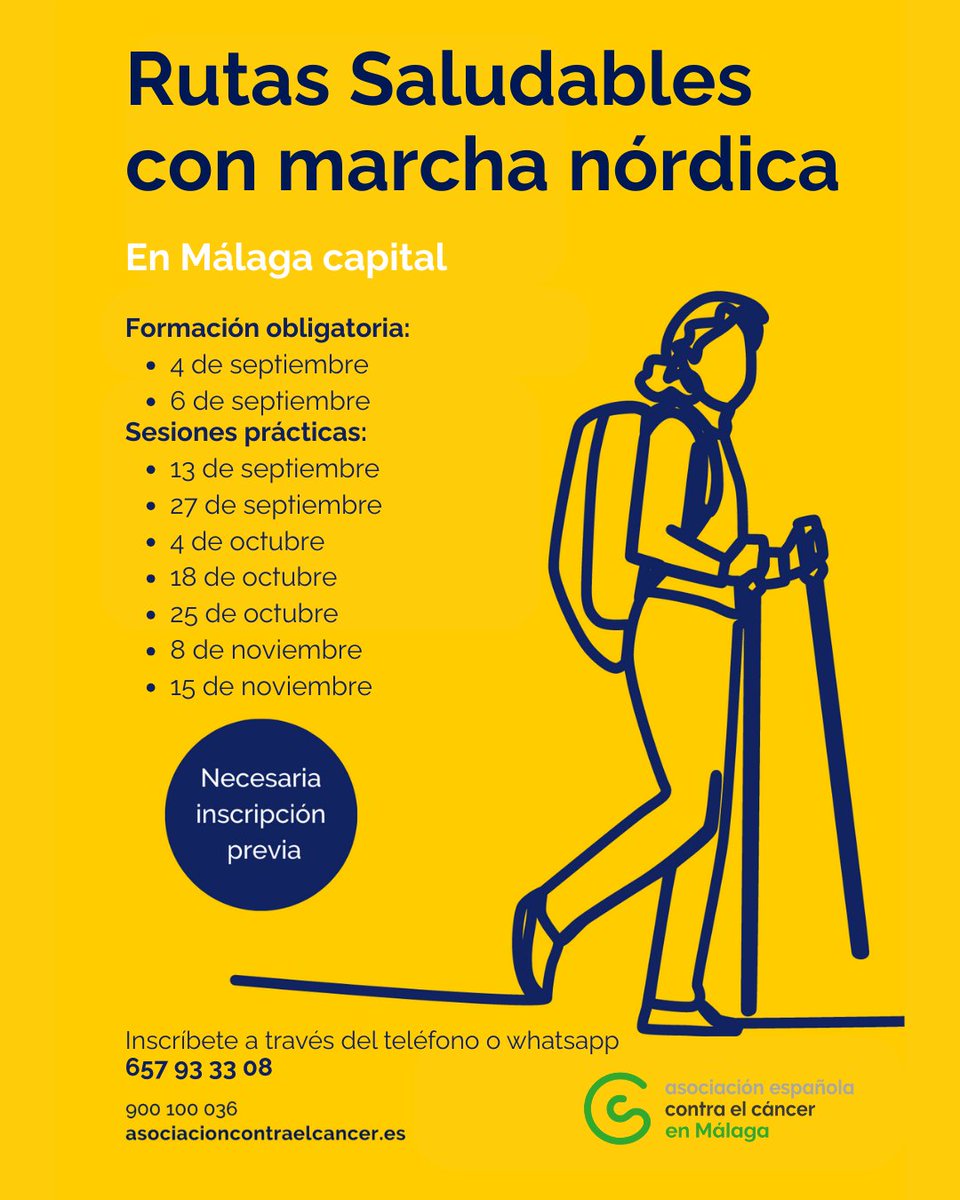 ContraCancerMA's tweet image. ¡Vuelven las Rutas Saludables con Marcha Nórdica a Málaga capital! 👉 Una actividad gratuita dirigida a personas con poca o baja actividad física que quieran iniciarse en esta práctica tan beneficiosa para la salud.
✅Inscripción previa en el ☎️657-933308 #TodosContraElCáncer