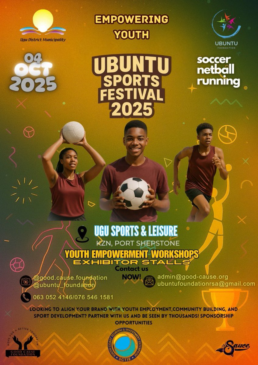 GoodCauseFdn's tweet image. We’re delighted to announce the Ubuntu Sports Festival🥳!

Join us in empowering youth, uplifting communities, and uniting through sport ⚽️ 

🎯 We’re calling on career counsellors, sports teams, coaches, media, brands, and businesses – to JOIN US in making real change happen🚀.