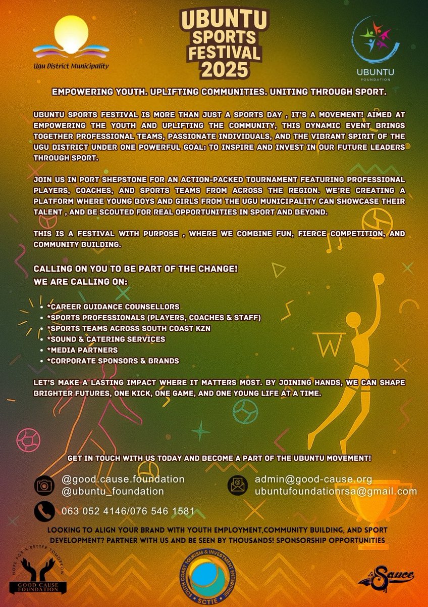 GoodCauseFdn's tweet image. We’re delighted to announce the Ubuntu Sports Festival🥳!

Join us in empowering youth, uplifting communities, and uniting through sport ⚽️ 

🎯 We’re calling on career counsellors, sports teams, coaches, media, brands, and businesses – to JOIN US in making real change happen🚀.