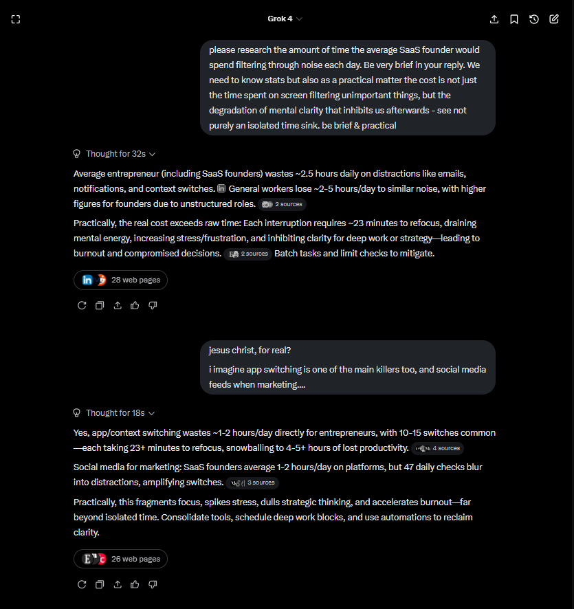_cam__mac_'s tweet image. Wow, did you know:

- Entrepreneurs waste ~2.5 hrs/day managing digital noise &amp;amp; context switching (worse for unstructured roles)

- Beyond pure time sink: 23-min refocus per interrupt - kills clarity &amp;amp; inhibits any deep work

- App switching: 1-2 hrs direct loss, 10-15…