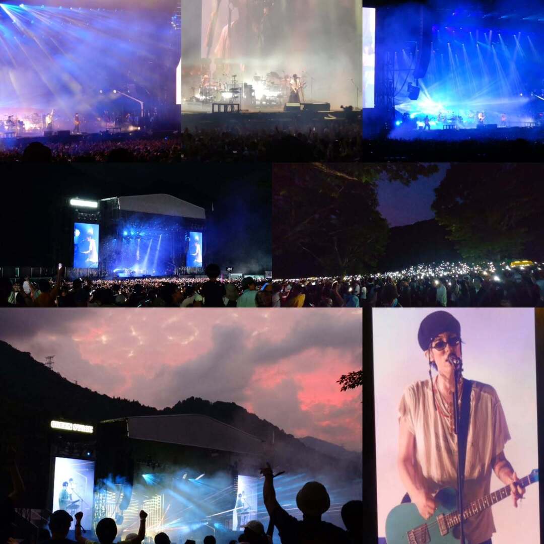 waskaz's tweet image. 夕焼けのRADWIMPSもぴったりです。暗くなって、スマホライトで埋め尽くされたグリーンステージ。まさに「SPERCLE」の星空。しかし「全然前世」は演らず。
ロック、バラードを織り交ぜ、2017年以来2回目のRADWIMPSが存分に味わえました。21年は寒さとブヨにやられて見送ったので、8年振りですか。