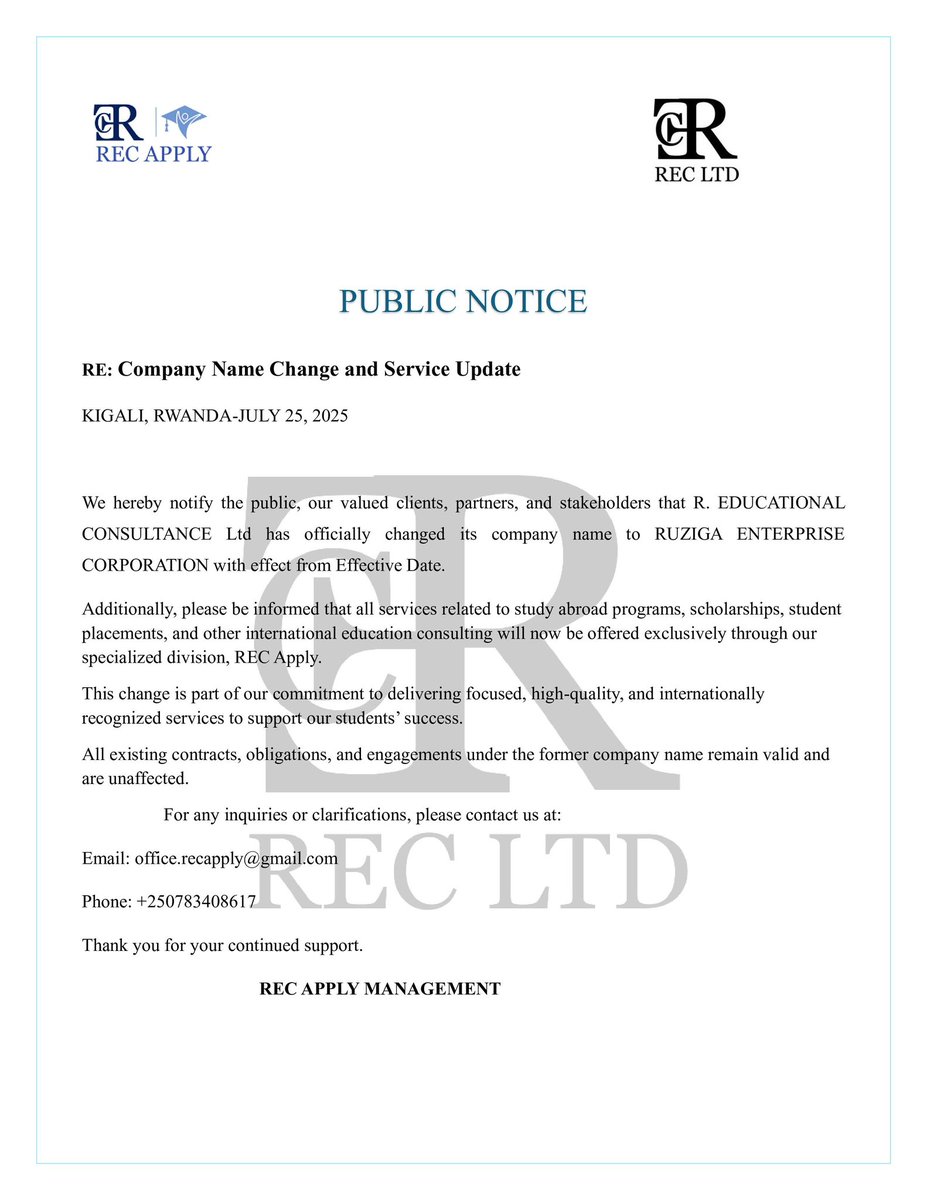 recapply's tweet photo. R. EDUCATIONAL CONSULTANCE Ltd is now RUZIGA ENTERPRISE CORPORATION.
All study abroad, scholarship, and student placement services will continue under our dedicated division, REC Apply.
We remain committed to delivering you exceptional, internationally recognized support! https://t.co/WgsrTHxw3V