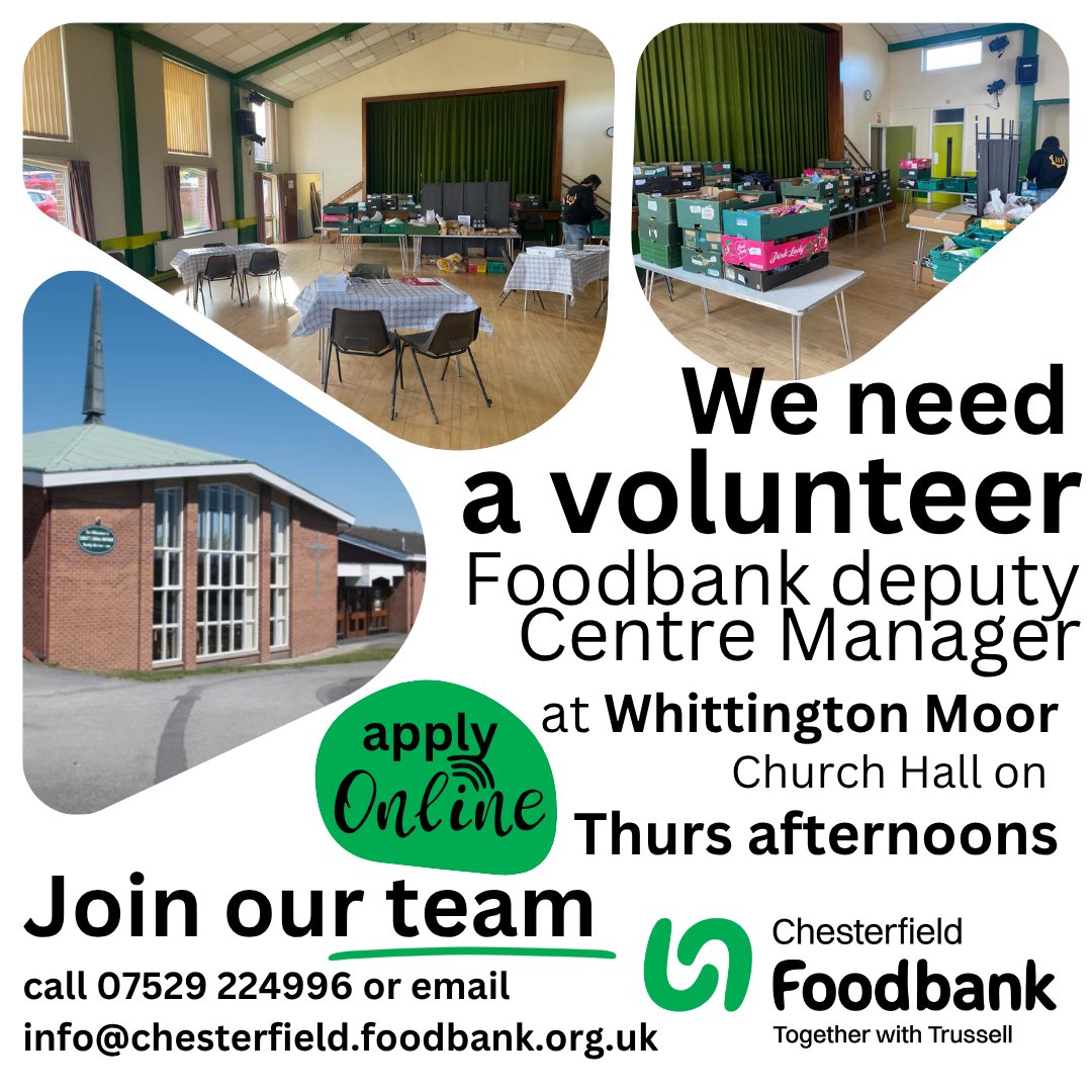 Rewarding opportunities: Volunteer Leadership roles available at Brimington, Whittington Moor, and Loundsley Green - apply here: chesterfield.foodbank.org.uk/give-help/volu…
