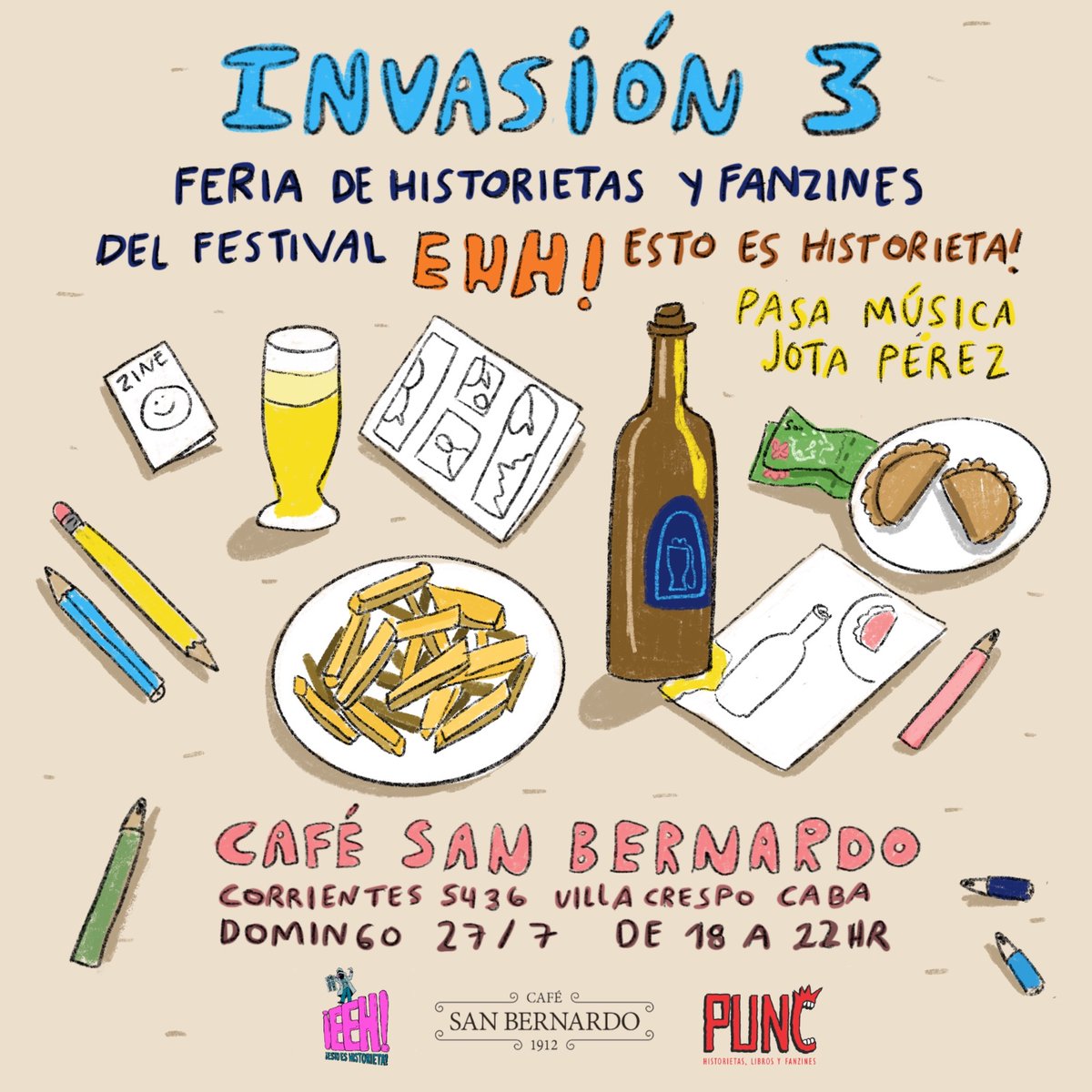 HOY! Una feria increíble de historietas, fanzines y libros de cine, con entrada gratis en el Bar San Bernardo, musicalizada por <a href="/encerradoafuera/">J. 💚</a> y organizada por la librería Punc. Hacete el favor de no perdértela!