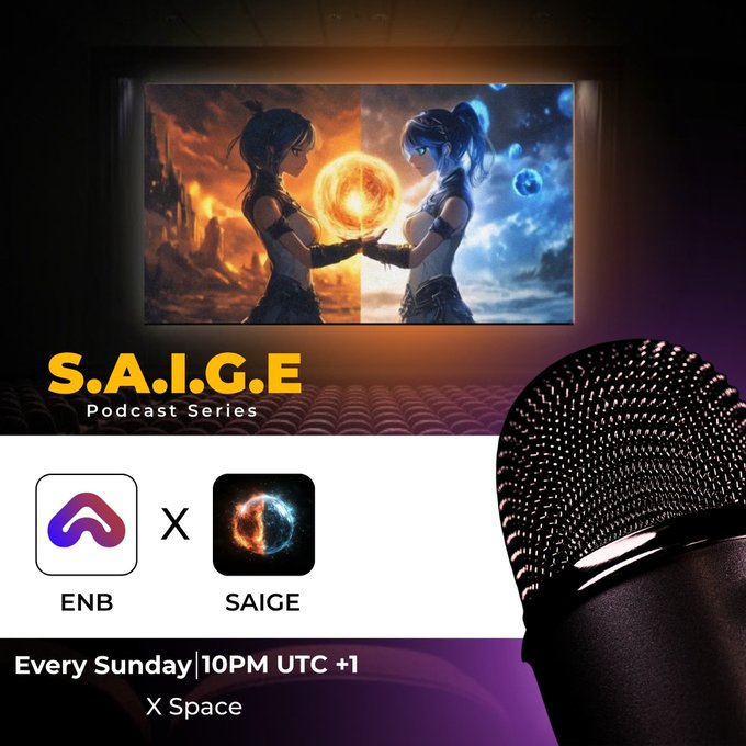 S.A.I.G.E. Podcast Series featuring two animated characters with a fiery and cosmic background