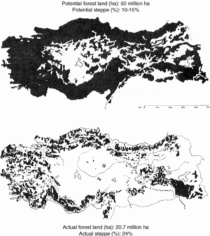 Anadolu'nun geçmiş yüzyıllardaki orman örtüsü ile günümüzdeki orman örtüsü.

%65-70'i ormanlarla kaplı iken 2000'lere gelindiğinde bu oran %25-30'lara kadar düşmüştür.