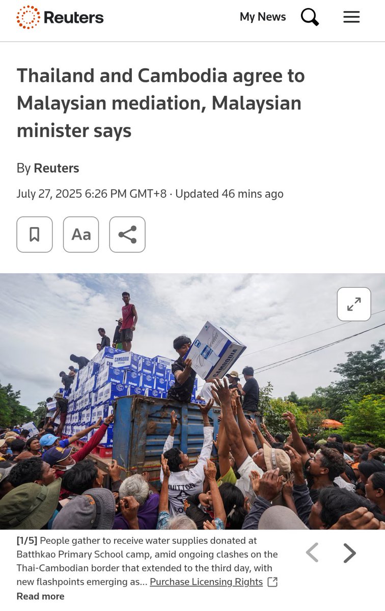 Bila PMX call PM Thai &amp; Kemboja suruh hentikan perang, tergelak-gelak para haters.

Hari ini media antarabangsa lapor, esok petang PM Kemboja &amp; Acting PM Thailand akan tiba di Malaysia bagi proses rundingan damai.

Salute to our PM. 

Networking dgn dunia luar bukan baru dibina