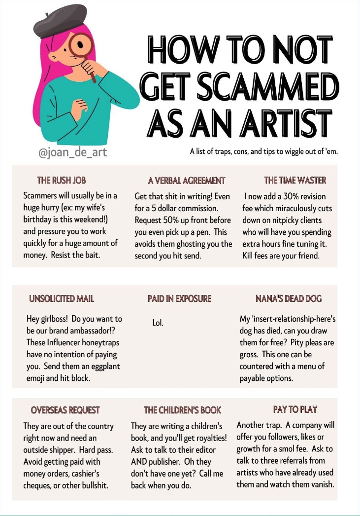Terracegallery's tweet image. This is NOT a complete list! If anyone asks you if you sell your art or tells you they would like to buy your art if it is for sale, asks if it's for sale when your posts and profile have a link to where you sell your work...Just block and move on. They are hoping you are…