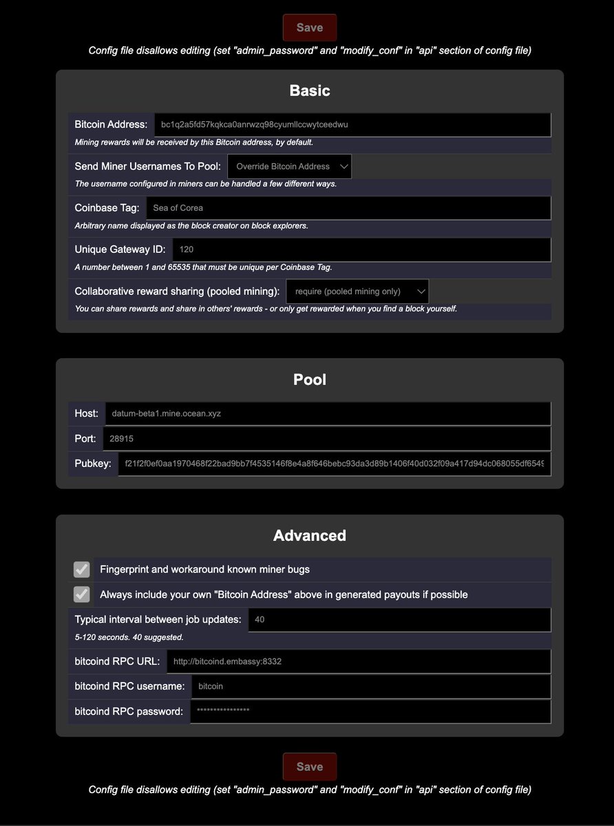PromenadeCastle's tweet image. github.com/OCEAN-xyz/datuโฆ
DATUM ์ค์ ์๋ ์ฑ๊ตด์ username์ ํ๋ก ์ ๋ฌํ๋ ์ธ ๊ฐ์ง ๋ฐฉ๋ฒ์ด ์๋ค.
1. Stratum ์ฌ์ฉ์ ์ด๋ฆ์ ์๋ ๊ทธ๋๋ก ์ ์ฒด๋ฅผ ์ ๋ฌ:
์ค์ ํ์ผ์์ datum.pool_pass_full_users๋ฅผ true๋ก ์ค์ ํ๊ฑฐ๋ ์น ์ค์ ์์ Send Miner Usernames To Pool: Override Bitcoin Address ์ค์ .
2.โฆ