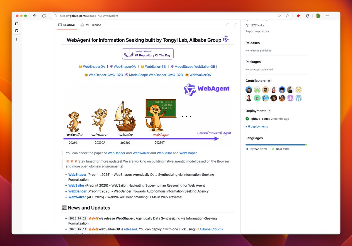 HiTw93's tweet image. 通义实验室开源了一个 WebAgent,用于网络信息的搜索,包括 WebWalker & WebDancer & WebSailor & WebShaper 这几个模块,除去功能外,还挺喜欢他的命名的,可以去看看效果。
github.com/Alibaba-NLP/We…