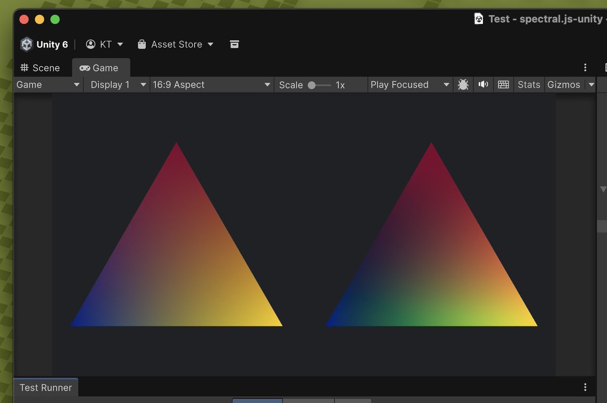 Ported Spectral.js (pigment-based color mixing) to Unity.
Left: sRGB interpolation / Right: Spectral.js mixing
github.com/keijiro/spectr…