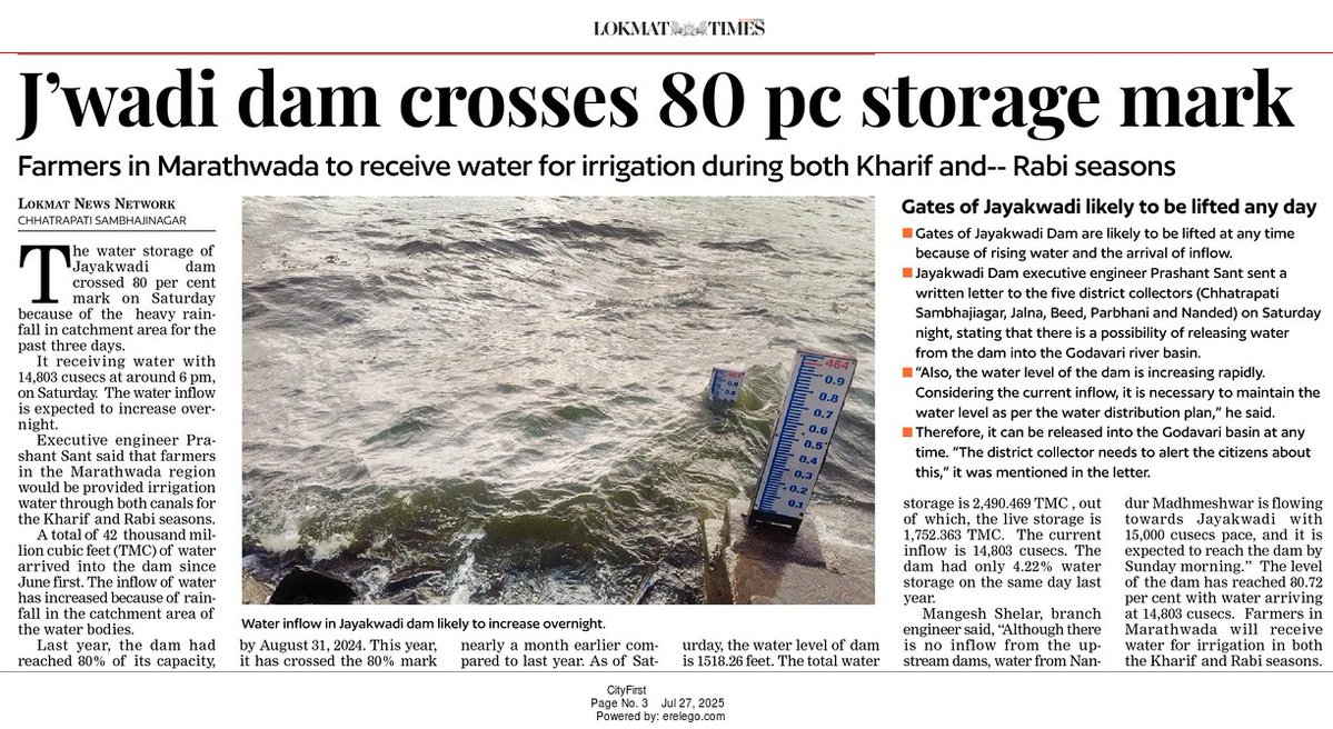 The_CSN_Index's tweet image. Jayakwadi Dam is at 80% storage capacity, a good sign for Chhatrapati Sambhajinagar and Marathwada