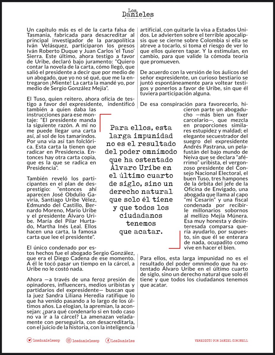AlbeiroCardonaR's tweet image. El #Veredicto de Álvaro Uribe Vélez vía Los Danieles por @DCoronell.
"Esa muy honesta y desinteresada comparsa quería ayudarlo, por supuesto, sin que él se enterara de nada, ocupadito como vive en hacer el bien".
Si la juez actúa en derecho, Uribe Vélez debe ser culpable.