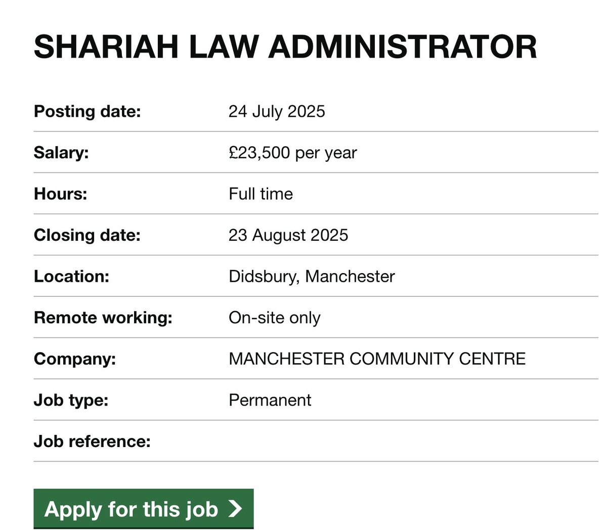 A job advertised by the DWP for a 'Shariah law administrator'.

I've formally questioned the DWP on what the hell they are playing at...

We live in Britain - we do NOT have, or want, Shariah law.

This is grim.