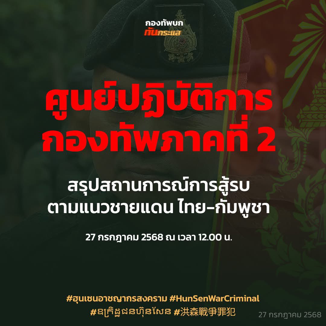 RTATrend's tweet image. ศูนย์ปฏิบัติการกองทัพภาคที่ 2 

สรุปสถานการณ์การสู้รบตามแนวชายแดน ไทย-กัมพูชา
27 กรกฎาคม 2568 ณ เวลา 12.00 น.

#ฮุนเซนอาชญากรสงคราม
#hunsenwarcriminal
#ឧក្រិដ្ឋជនហ៊ុនសែន
#洪森戰爭罪犯
#กัมพูชายิงก่อน
#CambodiaOpenedFire
#ไทยนี้รักสงบแต่ถึงรบไม่ขลาด…