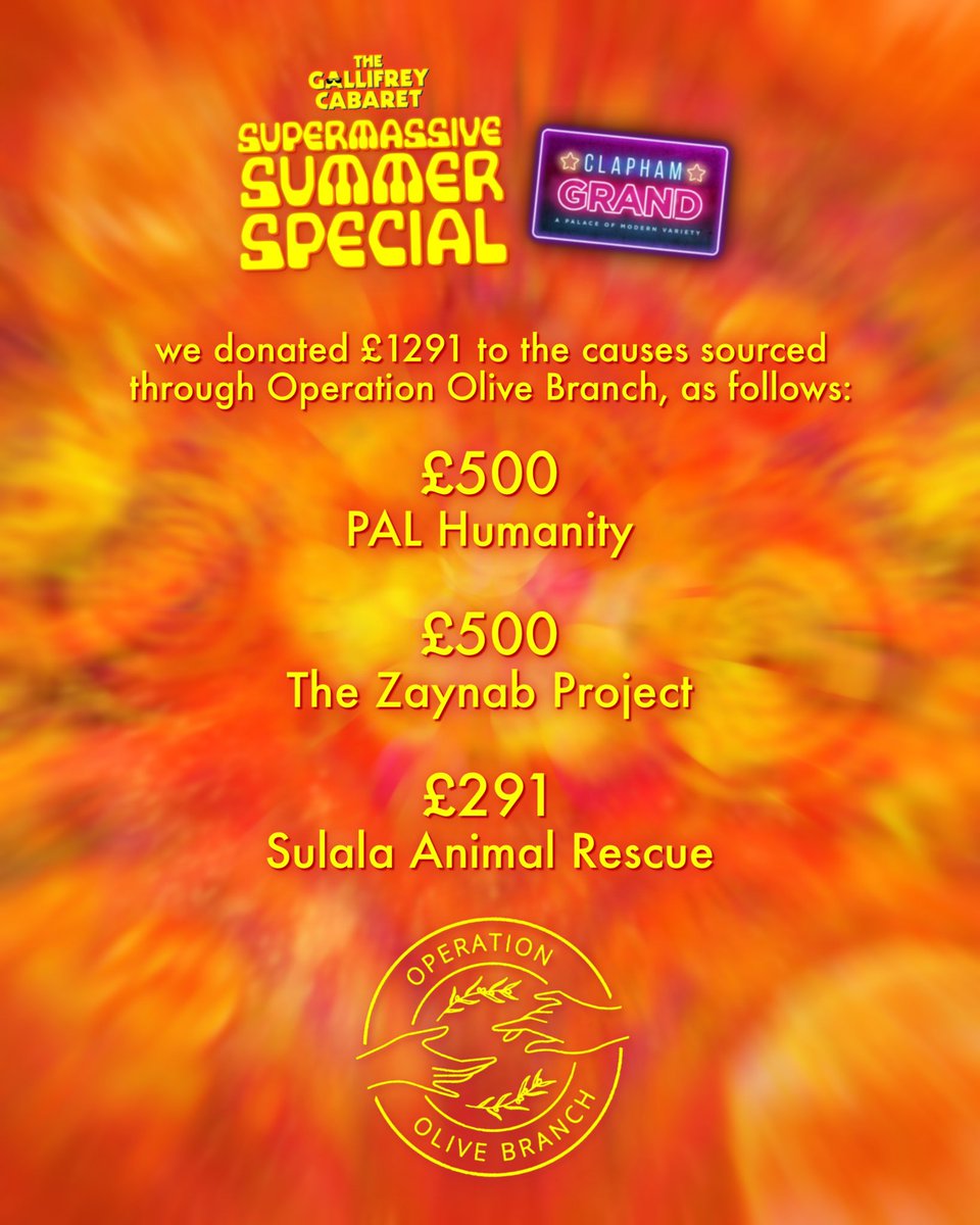 gallycab's tweet image. we've over the moons to announce that the grand total fundraised at our Summer show was an epic 🔥£2583🔥 - thank you so much all who contributed!
this has been split between our resident charity @cabaretVScancer, and causes within Operation Olive Branch
♥️♥️✨