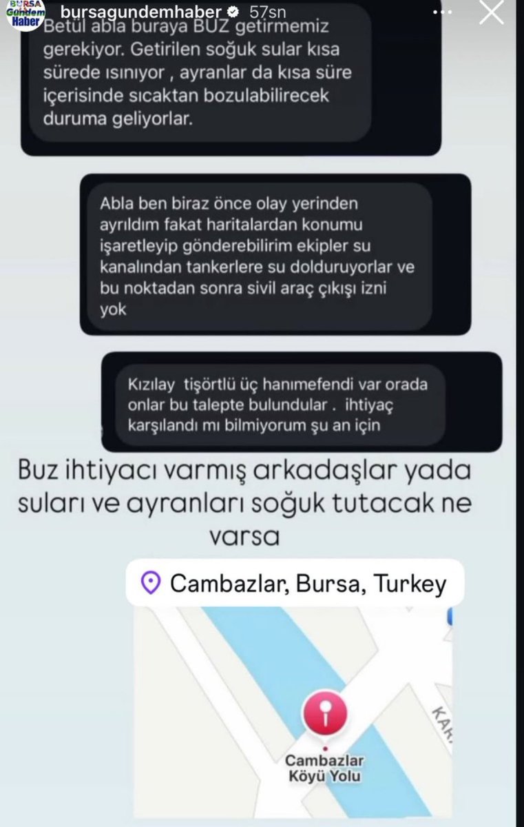 ACİL İHTİYAÇ 
Bursa Cambazlar bölgesine içecekleri soğuk tutacak buz, termos gibi şeylere ihtiyaç var
Paylaşalım lütfen