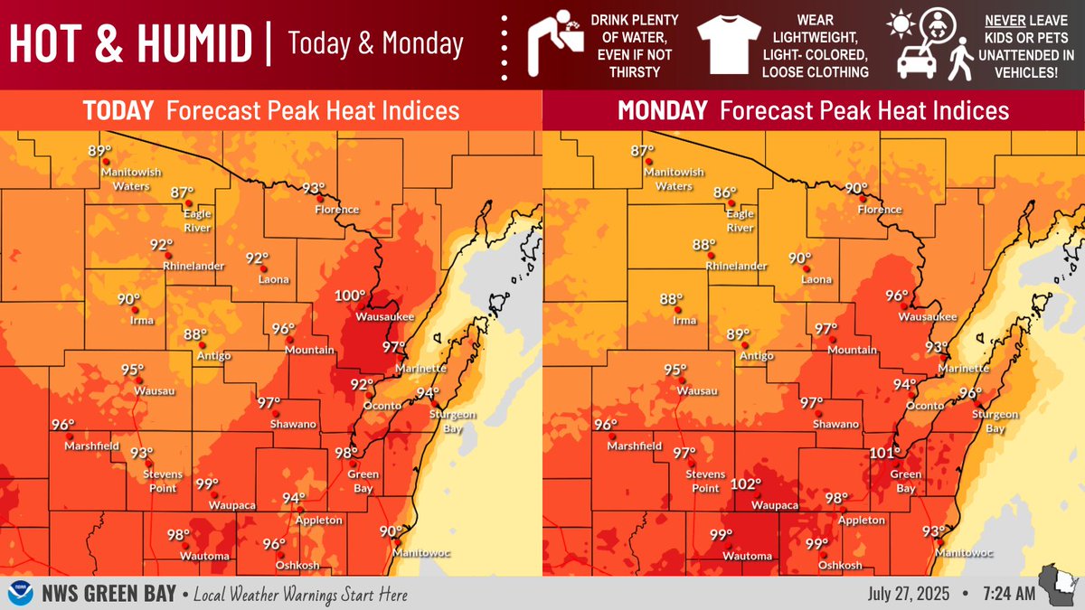 NWSGreenBay's tweet image. ⛈️Strong/severe storms possible this evening across far northern WI &amp;amp; another round possible late this evening-overnight from central to north-central WI. Much uncertainty remains with both storm chances!
🥵Hot &amp;amp; humid today &amp;amp; Mon with heat indices nearing or exceeding 100!
#wiwx